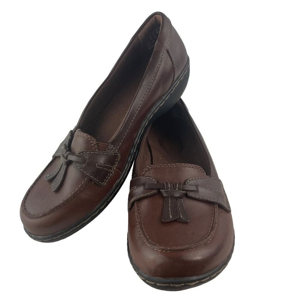 Clarks Womens Ashland Bubble Loafers Shoes Brown Leather Slip On Tasseled 6.5M